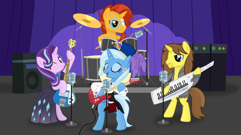 Size: 1920x1080 | Tagged: safe, artist:grapefruit-face, derpibooru import, starlight glimmer, sunburst, trixie, oc, oc:grapefruit face, pony, unicorn, band, base used, bass guitar, bipedal, drum kit, drumming, drums, eyes closed, guitar, image, keytar, looking at you, microphone, musical instrument, one eye closed, performance, png, singing, stage, wink, winking at you