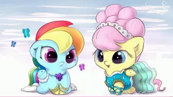 Size: 4096x2298 | Tagged: safe, artist:sverre93, derpibooru import, fluttershy, rainbow dash, butterfly, insect, pegasus, pony, alternate hairstyle, baby, baby pony, chibi, clothes, cute, daaaaaaaaaaaw, dashabetes, dress, duo, duo female, female, gala dress, high res, image, jpeg, modelshy, open mouth, open smile, shyabetes, smiling