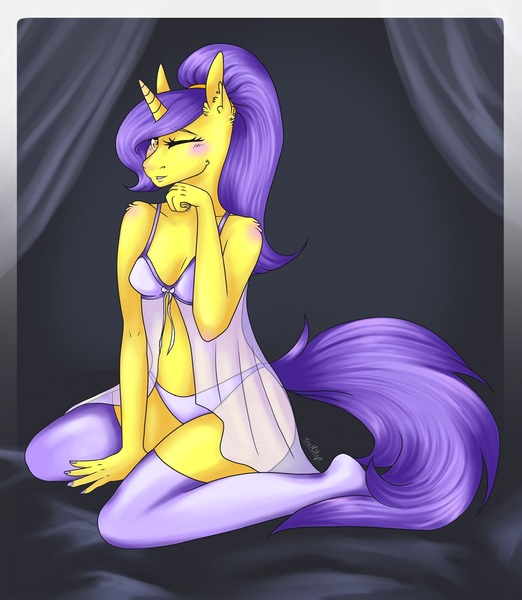 Size: 1654x1900 | Tagged: suggestive, artist:themstap, derpibooru import, oc, oc:tulipan, unofficial characters only, anthro, unicorn, adorasexy, anthro oc, babydoll, blushing, clothes, cute, female, grin, horn, image, jpeg, kneeling, nightgown, ocbetes, one eye closed, ponytail, sexy, smiling, socks, solo, solo female, underwear, unicorn oc, wink