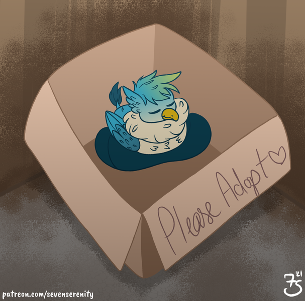 Size: 2480x2453 | Tagged: safe, artist:sevenserenity, derpibooru import, gallus, gryphon, behaving like a bird, box, bronybait, cute, eyes closed, gallabetes, heart, high res, image, link, male, png, sleeping, the legend of zelda