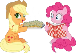 Size: 2753x1924 | Tagged: safe, artist:thatusualguy06, derpibooru import, applejack, pinkie pie, earth pony, pony, applebuck season, season 1, atg 2021, baked bads, book, cookbook, derp, drunk, duo, duo female, female, food, frown, go home you're drunk, high res, image, imminent food poisoning, mare, muffin, muffin tray, newbie artist training grounds, open mouth, open smile, png, shocked, simple background, sitting, smiling, transparent background, vector