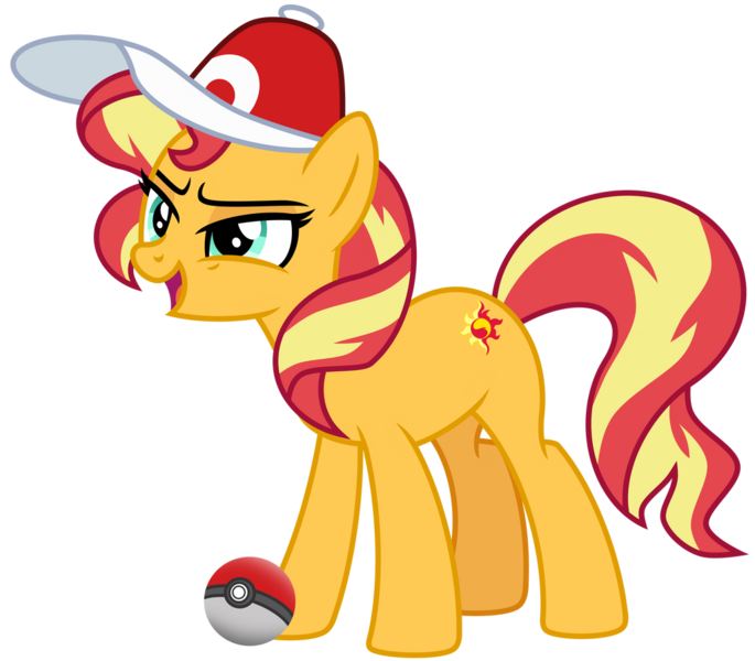 Size: 1024x897 | Tagged: safe, artist:emeraldblast63, derpibooru import, sunset shimmer, pony, unicorn, cap, female, hat, image, lidded eyes, mare, open mouth, open smile, png, pokéball, pokémon, smiling, smirk, smugset shimmer, solo