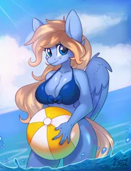 Size: 1830x2384 | Tagged: suggestive, artist:sugarstar, artist:teelastrie, derpibooru import, oc, oc:lusty symphony, unofficial characters only, anthro, pegasus, anthro oc, beach ball, female, high res, image, looking at you, pegasus oc, png, smiling, smiling at you, solo, solo female, standing in water, water, wings