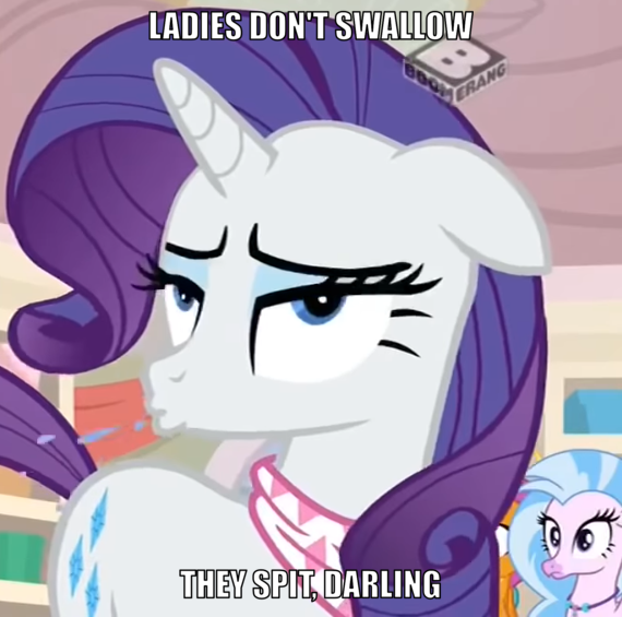 Size: 570x565 | Tagged: safe, derpibooru import, edit, edited screencap, screencap, rarity, silverstream, smolder, dragon, hippogriff, pony, unicorn, the end in friend, bandana, boomerang (tv channel), cropped, dragoness, female, horses doing horse things, image, mare, maturity, neckerchief, nickering, png, snorting, solo focus, spit, store