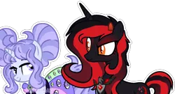 Size: 1340x724 | Tagged: safe, artist:maiii-san, derpibooru import, oc, unofficial characters only, pony, unicorn, alicorn amulet, base used, duo, duo female, eyelashes, female, horn, image, looking at each other, png, red and black oc, simple background, smiling, smiling at each other, smirk, transparent background, unicorn oc