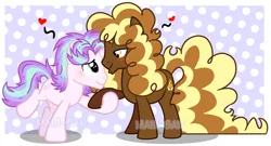 Size: 2260x1223 | Tagged: safe, artist:maiii-san, derpibooru import, oc, unofficial characters only, earth pony, pony, unicorn, base used, blushing, earth pony oc, gay, heart, holding hooves, horn, image, looking at each other, magical lesbian spawn, male, oc x oc, offspring, parent:cheese sandwich, parent:pinkie pie, parent:starlight glimmer, parent:trixie, parents:cheesepie, parents:startrix, png, polka dot background, raised hoof, shipping, smiling, smiling at each other, stallion, unicorn oc