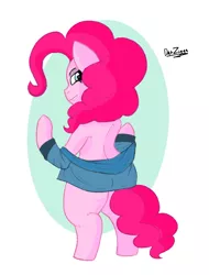 Size: 2058x2702 | Tagged: suggestive, artist:datzigga, derpibooru import, pinkie pie, earth pony, pony, bedroom eyes, bipedal, clothes, female, grin, high res, image, lip bite, looking at you, looking back, looking back at you, mare, png, rear view, smiling, smiling at you, solo, solo female, undressing