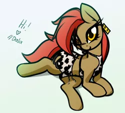 Size: 2392x2154 | Tagged: safe, artist:jetwave, derpibooru import, oc, oc:dala vault, unofficial characters only, earth pony, pony, booty shorts, clothes, cowprint, ear tag, earth pony oc, female, gradient background, heart, image, lying down, mare, pajamas, png, shorts, solo, text