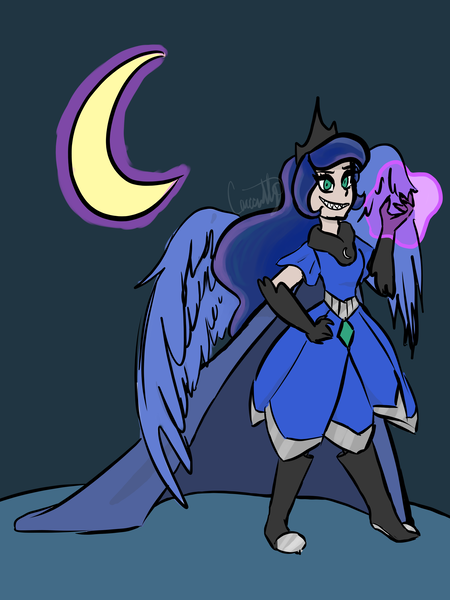 Size: 1668x2224 | Tagged: safe, artist:carconutty, derpibooru import, nightmare moon, princess luna, human, belt, boots, cape, clothes, crescent moon, female, gloves, grin, humanized, image, jewelry, levitation, magic, moon, png, regalia, sharp teeth, shoes, smiling, solo, teeth, telekinesis, winged humanization, wings