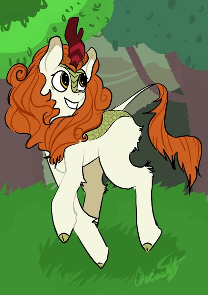 Size: 2894x4093 | Tagged: safe, artist:carconutty, derpibooru import, autumn blaze, kirin, awwtumn blaze, cute, female, grass, grin, image, jpeg, raised hoof, raised leg, smiling, solo, tree