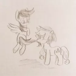 Size: 640x640 | Tagged: safe, artist:snowzaaah, derpibooru import, applejack, rainbow dash, earth pony, pegasus, pony, appledash, appledashdailydoodles, doodle, eyebrows, eyebrows visible through hair, female, image, jpeg, lesbian, mare, monochrome, pencil drawing, shipping, sketch, traditional art