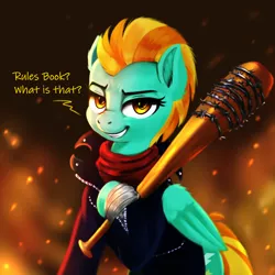 Size: 2000x2000 | Tagged: safe, artist:darksly, derpibooru import, lightning dust, pegasus, pony, bandage, baseball bat, clothes, cosplay, costume, crossover, female, grin, high res, image, jacket, jpeg, leather jacket, looking at you, lucille, mare, negan, newbie artist training grounds, scarf, smiling, smiling at you, solo, talking, the walking dead