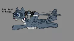 Size: 1280x720 | Tagged: safe, artist:everfreeemergencies, oc, unofficial characters only, original species, plane pony, pony, dialogue, female, gray background, image, looking at you, open mouth, pby-5 catalina, plane, png, simple background, solo