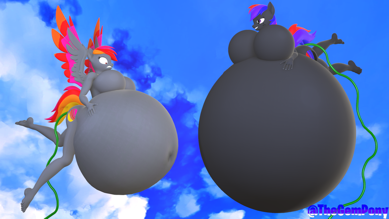 Size: 1920x1080 | Tagged: suggestive, artist:retrothegempony, derpibooru import, oc, oc:synthwavethegenpony, oc:vaporwavethegempony, anthro, earth pony, pegasus, plantigrade anthro, 3d, air inflation, ass, belly, belly button, belly expansion, belly inflation, big belly, breasts, butt, female, fetish, grin, gritted teeth, growth, hose, huge belly, image, impossibly large belly, inflation, insertion, large belly, png, round belly, shocked, siblings, sisters, smiling, smirk, swelling