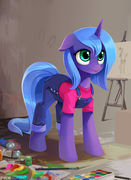 Size: 1640x2250 | Tagged: safe, artist:ponykillerx, banned from derpibooru, deleted from derpibooru, derpibooru import, princess luna, alicorn, pony, brush, clothes, female, image, overalls, paint, png, s1 luna, solo, woona, younger