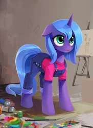 Size: 1640x2250 | Tagged: safe, artist:ponykillerx, banned from derpibooru, deleted from derpibooru, derpibooru import, princess luna, alicorn, pony, brush, clothes, female, image, overalls, paint, png, s1 luna, solo, woona, younger