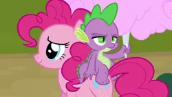 Size: 1920x1080 | Tagged: safe, derpibooru import, screencap, pinkie pie, spike, dragon, earth pony, pony, newbie dash, season 6, cotton candy, dragons riding ponies, duo, female, frown, image, male, mare, png, riding, smiling, spike is not amused, unamused