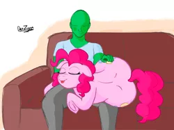Size: 4098x3072 | Tagged: safe, artist:datzigga, derpibooru import, pinkie pie, oc, oc:anon, earth pony, human, pony, :p, cute, diapinkes, human on pony snuggling, image, petting, png, sleeping, snuggling, the ass was fat, tongue out