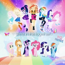 Size: 1080x1080 | Tagged: safe, derpibooru import, edit, edited screencap, editor:friendship.ponies, screencap, applejack, fluttershy, pinkie pie, rainbow dash, rarity, sci-twi, sunset shimmer, twilight sparkle, twilight sparkle (alicorn), alicorn, earth pony, pegasus, pony, unicorn, all bottled up, cheer you on, equestria girls, equestria girls series, season 7, spoiler:eqg series (season 2), applejack's hat, best friends until the end of time, boots, bowtie, bracelet, clothes, cowboy boots, cowboy hat, cutie mark, cutie mark on clothes, denim skirt, eyes closed, female, geode of empathy, geode of fauna, geode of shielding, geode of sugar bombs, geode of super speed, geode of super strength, geode of telekinesis, glasses, hairpin, hat, high heels, hoodie, humane five, humane seven, humane six, image, jacket, jewelry, jpeg, leather, leather jacket, magical geodes, mane six, mare, necklace, open mouth, ponytail, rarity peplum dress, sandals, shoes, skirt, smiling, sneakers, tanktop, walking, wall of tags