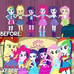 Size: 1080x1080 | Tagged: safe, derpibooru import, edit, edited screencap, editor:twiliysm, screencap, applejack, fluttershy, pinkie pie, rainbow dash, rarity, sci-twi, twilight sparkle, a photo booth story, eqg summertime shorts, equestria girls, equestria girls (movie), bare shoulders, before and after, belt, clothes, cowboy hat, cutie mark, cutie mark on clothes, fall formal outfits, female, fingerless gloves, gloves, hairpin, hands behind back, hands on hip, hat, humane five, humane six, image, jpeg, looking at you, open mouth, sleeveless, smiling, strapless, twilight ball dress