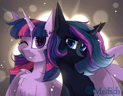 Size: 1964x1537 | Tagged: safe, artist:mediasmile666, derpibooru import, twilight sparkle, twilight sparkle (alicorn), oc, alicorn, pony, unicorn, abstract background, bust, chest fluff, commission, curved horn, duo, ear fluff, eye clipping through hair, female, horn, hug, image, lidded eyes, looking at you, mare, one eye closed, png, raised eyebrow, sidemouth, smiling, sparkles, starry eyes, wingding eyes, winghug, wink