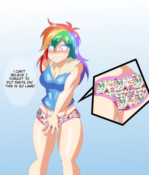 Size: 1700x2000 | Tagged: suggestive, artist:imsomethingradical, derpibooru import, rainbow dash, human, blushing, clothes, commission, embarrassed, embarrassed underwear exposure, humanized, image, panties, png, underwear