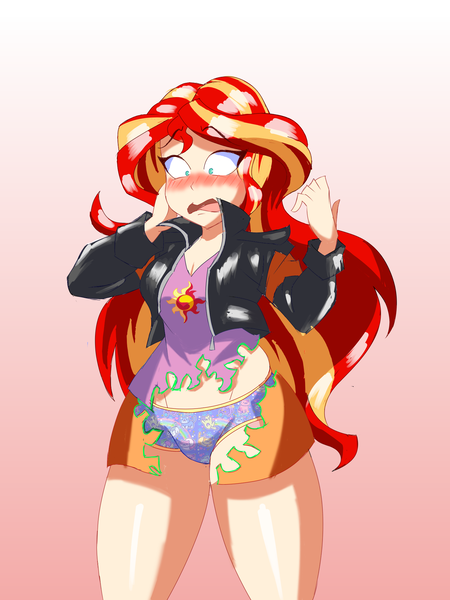 2480169 - suggestive, artist:imsomethingradical, derpibooru import, sunset  shimmer, cat, human, equestria girls, blushing, chemicals, clothes,  commission, embarrassed, embarrassed underwear exposure, gradient  background, humanized, image, panties, png