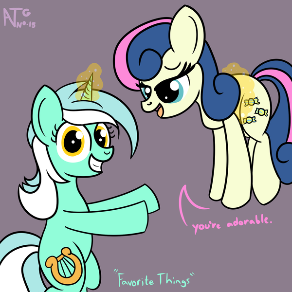 Size: 1999x1999 | Tagged: safe, artist:dafiltafish, derpibooru import, bon bon, lyra heartstrings, sweetie drops, earth pony, unicorn, atg 2021, female, image, lesbian, looking at you, lyrabon, magic, newbie artist training grounds, png, shipping, simple background