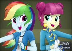 Size: 1754x1240 | Tagged: safe, artist:nadiakaizane, derpibooru import, majorette, rainbow dash, sweeten sour, equestria girls, friendship games, chs rally song, duo, duo female, female, image, png, scene interpretation, singing