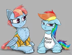 Size: 1850x1406 | Tagged: safe, artist:chopsticks, derpibooru import, rainbow dash, windy whistles, pegasus, pony, cheek fluff, chest fluff, chest fluff envy, clothes, duo, duo female, ear fluff, female, frown, image, impossibly large chest fluff, jealous, mare, mother and child, mother and daughter, png, rainbow dash is not amused, shirt, signature, simple background, unamused, unshorn fetlocks