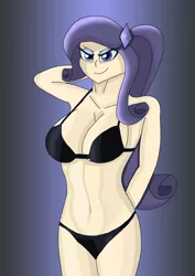 Size: 2480x3508 | Tagged: suggestive, artist:anthrodegenerate, derpibooru import, mean rarity, human, the mean 6, arm behind back, arm behind head, belly button, big breasts, bikini, breasts, cleavage, clone, clothes, evil grin, female, grin, high res, humanized, image, looking at you, png, sexy, simple background, smiling, smiling at you, solo, solo female, swimsuit