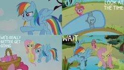 Size: 1280x720 | Tagged: safe, derpibooru import, edit, edited screencap, editor:quoterific, screencap, fluttershy, pinkie pie, rainbow dash, earth pony, pegasus, pony, party of one, season 1, basket, duo, duo female, eyes closed, fake watch, female, flying, image, mail, mare, mouth hold, offscreen character, open mouth, pencil, png, solo, trio, trio female