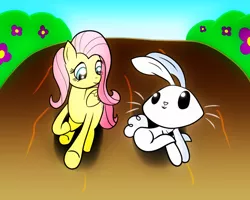 Size: 1000x800 | Tagged: safe, artist:rockzerox, derpibooru import, angel bunny, fluttershy, pegasus, cute, daaaaaaaaaaaw, dirt path, flower, image, jpeg, shyabetes