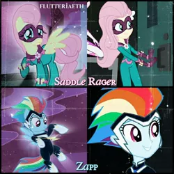 Size: 1080x1080 | Tagged: safe, derpibooru import, edit, edited screencap, editor:flutteriaeth, screencap, fluttershy, rainbow dash, saddle rager, zapp, pegasus, pony, equestria girls, movie magic, power ponies (episode), spoiler:eqg specials, female, geode of super speed, image, jewelry, jpeg, magical geodes, mare, necklace, power ponies, smiling, spread wings, wings