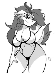 Size: 1000x1320 | Tagged: suggestive, derpibooru import, oc, oc:blazing smart, anthro, kirin, arm behind head, big breasts, bikini, black panties, breasts, clothes, female, females only, glasses, hacker, image, long hair, milf, monochrome, nerd, one eye closed, png, raised tail, smiling, solo, solo female, swimsuit, tail, thighs, tight, wink