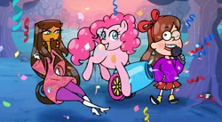 Size: 1024x560 | Tagged: safe, artist:vickyviolet, derpibooru import, pinkie pie, crossover, gravity falls, image, jpeg, mabel pines, milla vodello, party cannon, psychonauts