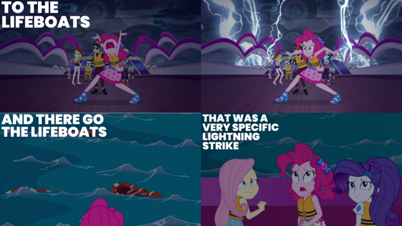 Size: 1280x720 | Tagged: safe, derpibooru import, edit, edited screencap, editor:quoterific, screencap, fluttershy, pinkie pie, rarity, human, equestria girls, equestria girls series, spring breakdown, spoiler:eqg series (season 2), cloud, female, geode of sugar bombs, hairpin, image, lifeboat, lightning, magical geodes, male, nose in the air, open mouth, png, storm, wavy mouth, yacht