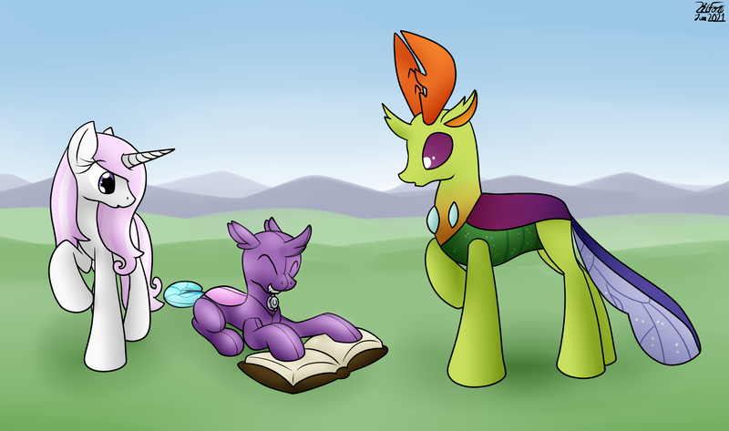 Size: 2788x1648 | Tagged: questionable, artist:the-furry-railfan, derpibooru import, fleur-de-lis, thorax, oc, oc:cara, changedling, changeling, inflatable pony, unicorn, book, changeling oc, curious, grass, grass field, image, inflatable, king thorax, mountain, mountain range, png, this will end in balloons