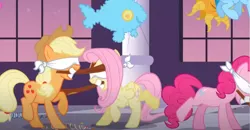 Size: 1307x678 | Tagged: safe, derpibooru import, screencap, applejack, fluttershy, pinkie pie, rainbow dash, sweet and elite, blindfold, image, piñata, png