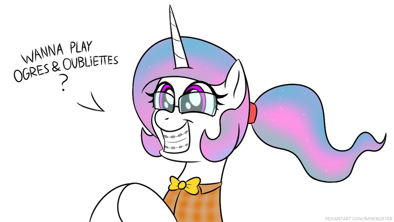 Size: 1148x648 | Tagged: safe, artist:banebuster, derpibooru import, princess celestia, alicorn, series:tiny tia, alternate hairstyle, dungeons and dragons, glasses, image, jpeg, nerd, ogres and oubliettes, pen and paper rpg, rpg, simple background, white background, younger