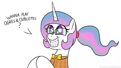 Size: 1148x648 | Tagged: safe, artist:banebuster, derpibooru import, princess celestia, alicorn, series:tiny tia, alternate hairstyle, dungeons and dragons, glasses, image, jpeg, nerd, ogres and oubliettes, pen and paper rpg, rpg, simple background, white background, younger