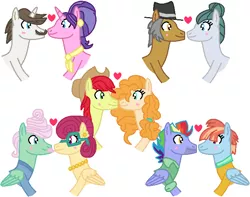 Size: 702x552 | Tagged: safe, artist:harmonyguard, derpibooru import, bow hothoof, bright mac, cloudy quartz, cookie crumbles, gentle breeze, hondo flanks, igneous rock pie, pear butter, posey shy, windy whistles, brightbutter, cookieflanks, female, image, male, png, quartzrock, shipping, shys, straight, windyhoof