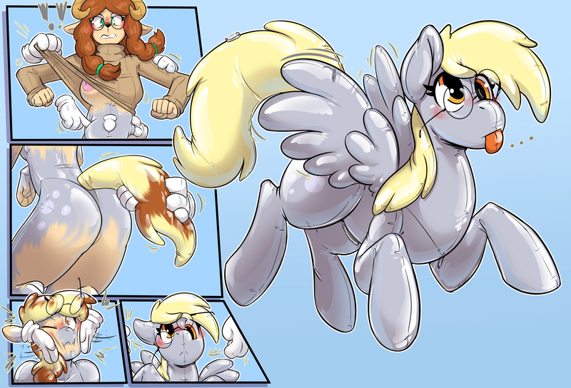 Size: 3750x2550 | Tagged: questionable, artist:helixjack, derpibooru import, derpy hooves, oc, oc:aster, inflatable pony, latex pony, original species, pegasus, pony, pooltoy pony, rubber pony, sheep, ..., :p, ass, assisted exposure, blue background, blushing, breasts, butt, character to character, clothes, disembodied hand, ears, exclamation point, eye color change, female, floppy ears, furry to pony, glasses, hand, high res, horns, image, inanimate tf, inflatable, latex, latex skin, makeup, mare, nipples, nudity, one eye closed, pigtails, png, poking, pool toy, rubber, shiny, simple background, solo, species swap, spread wings, sweater, tongue out, transformation, transformation sequence, undressing, valve, wings