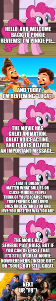 Size: 500x2662 | Tagged: safe, derpibooru import, edit, edited screencap, screencap, pinkie pie, comic:pinkie reviews, comic, fast and furious, image, movie review, pixar, png, screencap comic, the fast and the furious