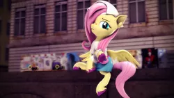 Size: 3840x2160 | Tagged: safe, artist:psfmer, derpibooru import, fluttershy, pegasus, 3d, '90s, 90s grunge fluttershy, backwards ballcap, bandaid on nose, baseball cap, cap, city, clothes, hair over one eye, hat, image, png, skateboard, skirt, solo, source filmmaker, wristband