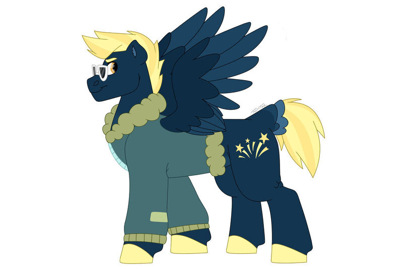 Size: 1280x854 | Tagged: safe, artist:itstechtock, derpibooru import, oc, oc:stellar bolt, pegasus, pony, bomber jacket, clothes, image, jacket, jpeg, male, offspring, parent:lightning dust, parent:star hunter, simple background, solo, stallion, sunglasses, two toned wings, white background, wings