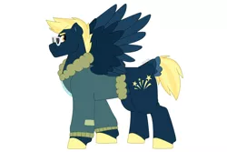 Size: 1280x854 | Tagged: safe, artist:itstechtock, derpibooru import, oc, oc:stellar bolt, pegasus, pony, bomber jacket, clothes, image, jacket, jpeg, male, offspring, parent:lightning dust, parent:star hunter, simple background, solo, stallion, sunglasses, two toned wings, white background, wings