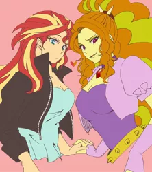 Size: 1600x1800 | Tagged: safe, artist:raika0306, derpibooru import, adagio dazzle, sunset shimmer, equestria girls, female, heart, holding hands, image, jpeg, lesbian, looking at you, shipping, simple background, sunsagio