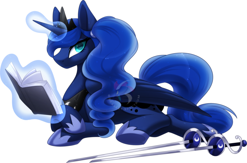 Size: 1638x1082 | Tagged: safe, artist:scarlet-spectrum, derpibooru import, princess luna, alicorn, pony, alternate hairstyle, alternate universe, book, crown, female, image, jewelry, lying down, magic, mare, png, prone, rapier, reading, regalia, side ponytail, simple background, solo, sword, telekinesis, transparent background, watermark, weapon