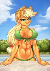 Size: 2480x3508 | Tagged: suggestive, artist:dandy, artist:ellynet, derpibooru import, applejack, anthro, earth pony, abs, applejacked, big breasts, bikini, breasts, busty applejack, clothes, collaboration, erect nipples, female, hat, image, looking at you, muscles, nipple outline, png, poolside, sexy, solo, solo female, swimsuit